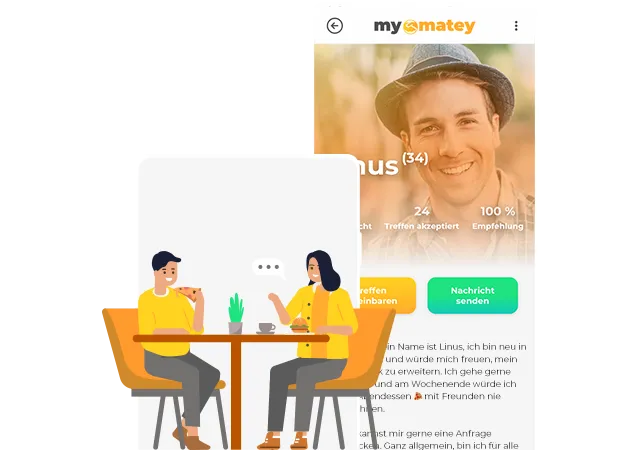 mymatey App-Screenshot im hellen Modus, der ein Benutzerprofil mit einer Option zum Erstellen eines Meetups zeigt