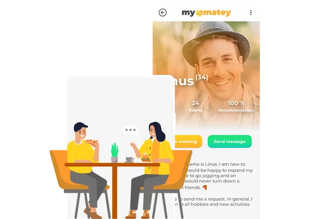 mymatey app screenshot in light mode showing a user profile with an option to make a meetup