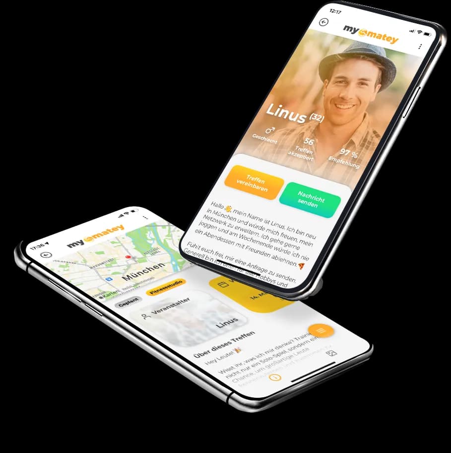 Screenshot der mymatey-App zeigt detaillierte Veranstaltung München im hellen Modus.