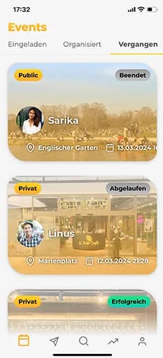 Screenshot der mymatey-App mit einer Liste von Events in München im hellen Modus.