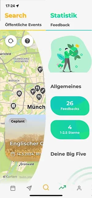 mymatey App Screenshot - Meetup Suche und Benutzerstatistik